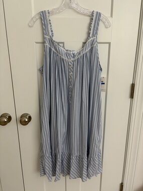 NWT Eileen West Nightgown XL Blue Stripe Sleeveless Lace Trim Cottagecore
